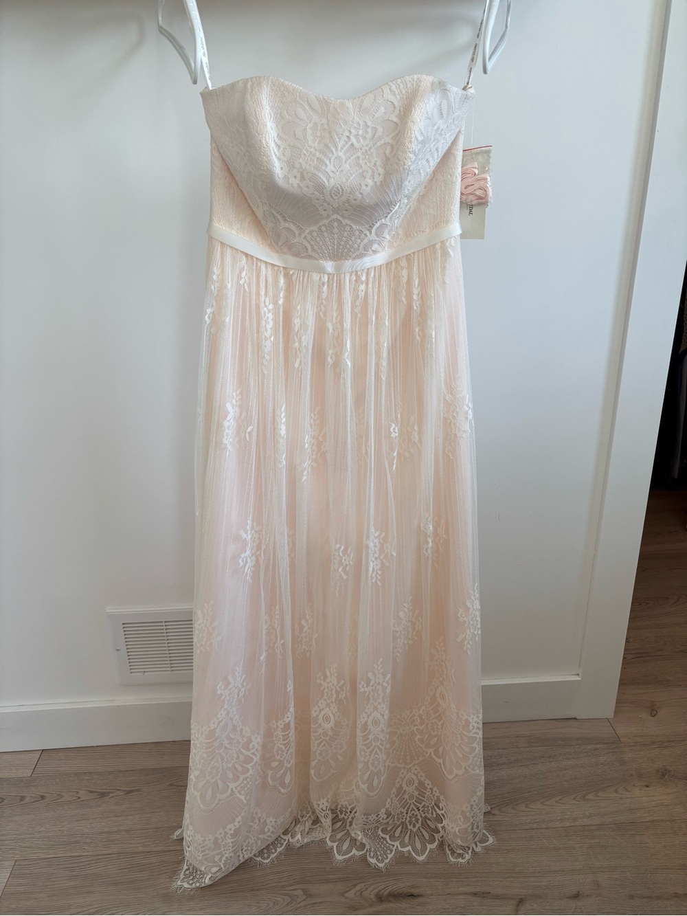 David's Bridal Strapless Lace Overlay Maxi Dress in Blush Pink